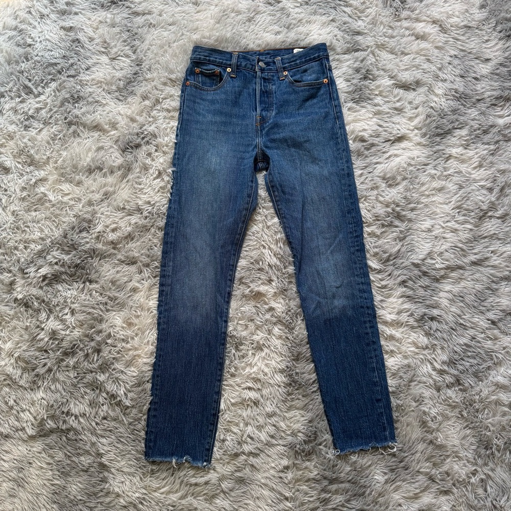 Levi's White Oak Cone Denim Medium Dark Slim Straight Jeans Raw Hem Cropped 26